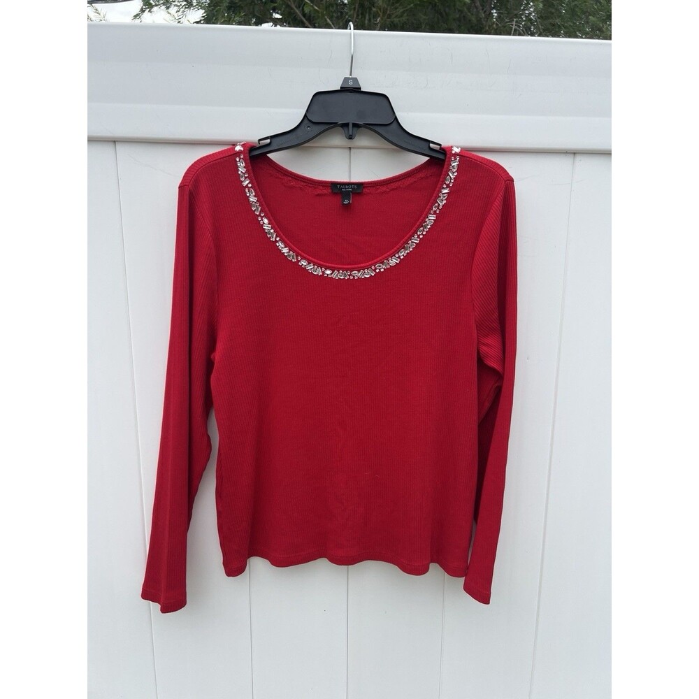 Talbots Plus Petite size XP Top Red Embellished Neck Long Sleeve Ribbed